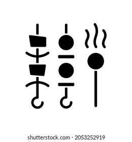 Shish kebabs and meat pops to go black glyph icon. Barbecues. Cooked lamb over open fire. Meat pieces and veggies on bamboo skewers. Silhouette symbol on white space. Vector isolated illustration
