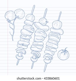 Shish kebabs on skewers. Shish kebabs hand drawn on notebook paper in line background. Shish kebabs vector sketch illustration.