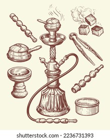 Shisha and accessories sketch. Hookah, kaloud, tongs, charcoal, tobacco. Hand drawn vintage vector illustration