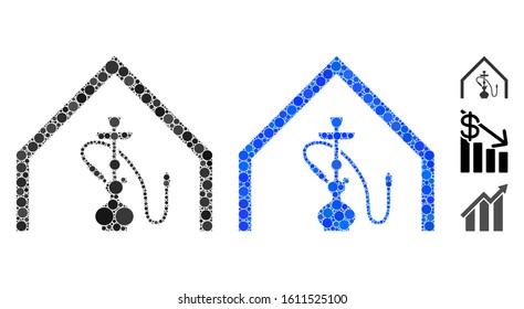 Shisha bar mosaic of spheric dots in different sizes and shades, based on shisha bar icon. Vector round dots are united into blue mosaic. Dotted shisha bar icon in usual and blue versions.