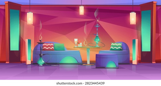 Shisha hookah bar interior, empty cafe for smoking with chillums standing on table with drinks and comfortable couches. Lounge in arabic or turkish style with muffled light Cartoon vector illustration