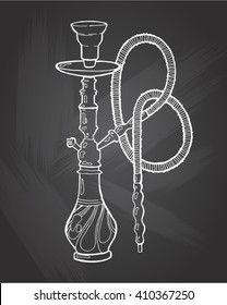 Shisha, hookah hand drawn doodle vector  EPS8 .Illustration isolated on chalkboard for hookah bar or lounge. vector illustration of hookah with smoking pipe, hubble bubble, oriental bar.