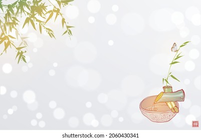Shishi odoshi water fountain under green bamboo tree. Japanese zen garden composition on white glowing background. Translation of hieroglyph - zen.