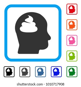 Shit Brain icon. Flat grey pictogram symbol inside a blue rounded frame. Black, grey, green, blue, red, orange color additional versions of shit brain vector. Designed for web and app UI.