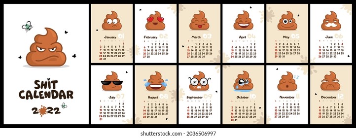 Calendario de mierda 2022. Estilo plano. Montones de caricaturas de dermis 