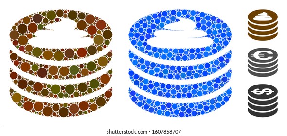 Shit coin stack mosaic of round dots in various sizes and color tints, based on shit coin stack icon. Vector round elements are organized into blue mosaic.