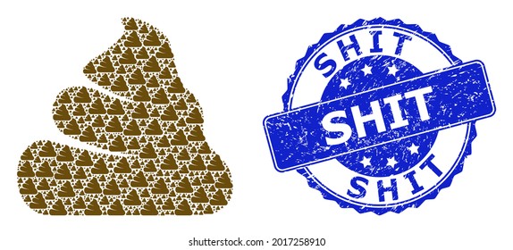 Shit corroded round seal imitation and vector recursive collage shit. Blue stamp seal includes Shit text inside round shape. Vector collage is created with scattered shit pictograms.