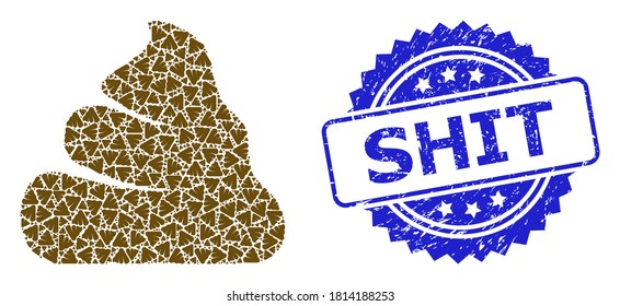Shit dirty stamp seal and vector recursion composition shit. Blue stamp seal includes Shit caption inside rosette. Vector collage is created from random rotated shit icons.