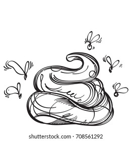 Shit with flies in hand drawn, sketch style. Outline vector illustration isolated on white background.