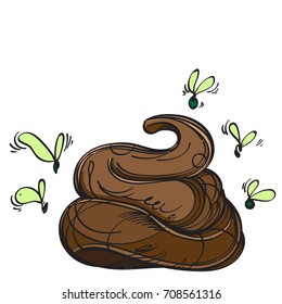 Shit with flies in hand drawn, sketch style. Vector illustration isolated on white background.