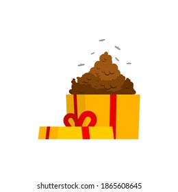 Shit in gift box. Bad Christmas or birthday present. Bad joke. Gift for naughty children