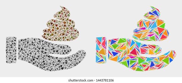 Shit hand mosaic icon of triangle elements which have variable sizes and shapes and colors. Geometric abstract vector illustration of shit hand.