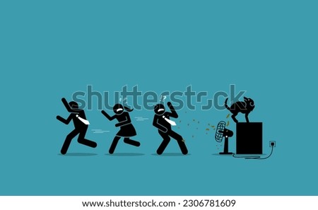 Shit hit the fan. Vector illustrations clip art depicts concept of company business havoc, issue, problem, disorder, chaos, crisis, and disarray.  People running away to avoid the feces flying around.