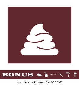 Shit icon flat. White pictogram on brown background. Vector illustration symbol and bonus icons