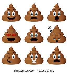 Shit icon set, sleep, shut up, smiling, sad faces poop emoticons isolated on white background