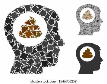 Shit idea head composition of bumpy elements in different sizes and color hues, based on shit idea head icon. Vector ragged elements are composed into collage.