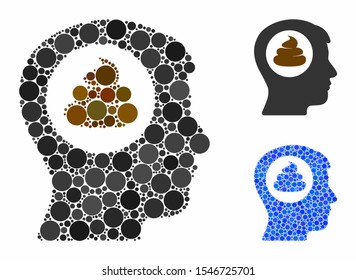 Shit idea head mosaic of small circles in variable sizes and shades, based on shit idea head icon. Vector small circles are grouped into blue composition.