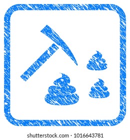 Shit Mining grainy textured icon inside rounded frame for overlay watermark imitations. Flat symbol with dirty texture. Framed vector blue rubber seal stamp with grunge design of shit mining.