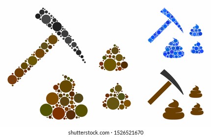 Shit mining mosaic for shit mining icon of small circles in variable sizes and color tones. Vector small circles are grouped into blue illustration. Dotted shit mining icon in usual and blue versions.