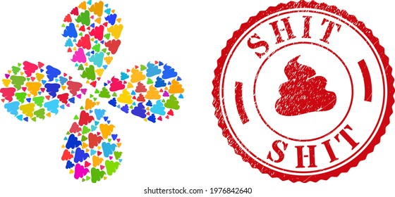 Shit multi colored centrifugal flower with four petals, and red round SHIT scratched stamp. Shit symbol inside round stamp seal. Element flower done from random shit items.