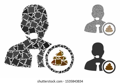 Shit operator mosaic of abrupt items in different sizes and color tones, based on shit operator icon. Vector ragged items are united into mosaic. Shit operator icons collage with dotted pattern.