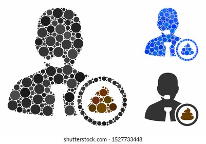 Shit operator mosaic of filled circles in different sizes and color tones, based on shit operator icon. Vector filled circles are grouped into blue mosaic.
