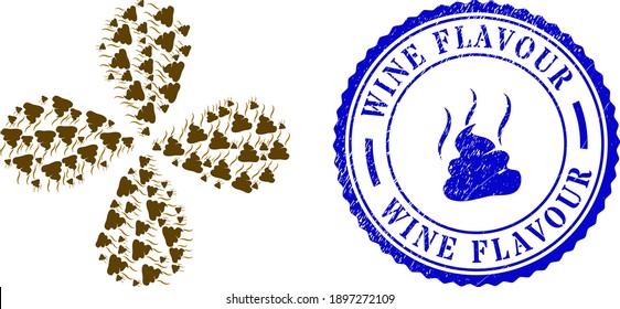Shit smell explosion abstract flower, and blue round WINE FLAVOUR rubber print with icon inside. Element cluster combined from oriented shit smell symbols. Vector flower collage in flat style.