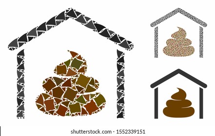 Shit storage hangar composition of uneven parts in various sizes and color tinges, based on shit storage hangar icon. Vector rough parts are organized into collage.