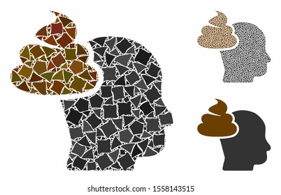 Shit thinking head composition of rugged items in various sizes and color tones, based on shit thinking head icon. Vector trembly items are combined into composition.