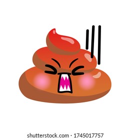Shit or turd emoji vector icon with angry shouting face feeling pissed off and tired, isolated illustration in flat cartoon and kawaii style.