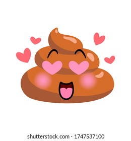 Shit or turd emoji vector icon with happy laughing smile on a face, isolated illustration in flat cartoon and kawaii style