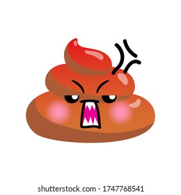 Shit or turd emoji vector icon with angry shouting face feeling pissed off and tired, isolated illustration in flat cartoon and kawaii style.