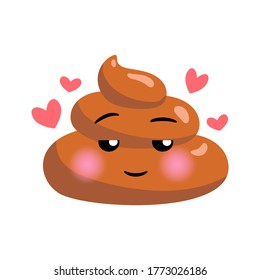 Shit or turd emoji vector icon with flirting smile on a face, isolated illustration in flat cartoon and kawaii style with hearts