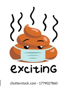 Shit or turd emoji vector icon with tired face feeling boring and sleepy and Exciting doodle text, isolated illustration in flat cartoon and kawaii style