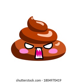 Shit or turd emoji vector icon with angry shouting face feeling pissed off and tired, isolated illustration in flat cartoon and kawaii style.