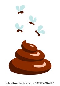Shit or turd vector icon with flies - isolated illustration in flat cartoon style.