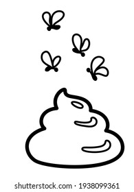 Shit or turd vector icon with flies black monochrome silhouette with outline - isolated illustration in flat cartoon style.