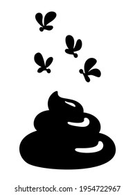 Shit or turd vector icon with flies black monochrome silhouette - isolated illustration in flat cartoon style.