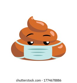 Shit or turd wearing medical mask emoji vector icon as concept for coronavirus prevention and other diseases as flu, air pollution, contaminated air. Isolated illustration.