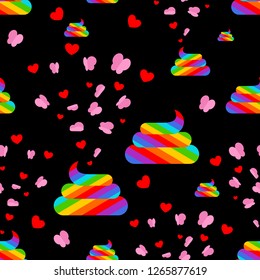 Shit unicorn and butterfly pattern seamless. Rainbow multicolored turd background.