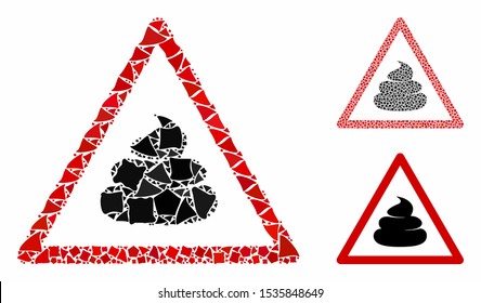 Shit warning composition of tuberous pieces in various sizes and shades, based on shit warning icon. Vector ragged pieces are composed into collage. Shit warning icons collage with dotted pattern.