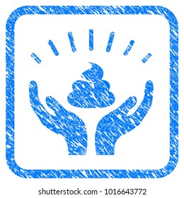 Shit Win Hands grungy textured icon inside rounded square for overlay watermark imitations. Flat symbol with dust texture. Framed vector blue rubber seal stamp with grunge design of shit win hands.