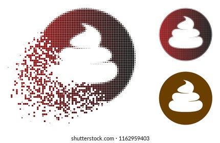 Shitcoin icon in dissolved, dotted halftone and undamaged solid variants. Particles are grouped into vector disappearing shitcoin icon.