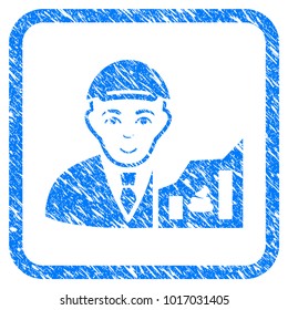 Shitcoin Trader rubber stamp watermark. Icon vector symbol with distress design and corrosion texture inside rounded squared frame. Scratched blue emblem. Man face has enjoy expression.