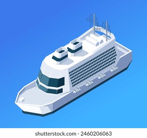 Shite cruise ship on a blue background, concept of travel and transportation. Isolated isometric vector illustration