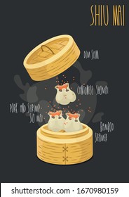 Shiu Mai, Siu Mai, Shaomai, pork dumplings. Traditional Chinese food. Vector illustration