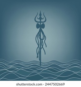 Shiva against the backdrop of the ocean. Greeting card for Maha Shivratri, a Hindu festival dedicated to Lord Shiva. Om or Aum Indian sacred sound. Vector illustration.