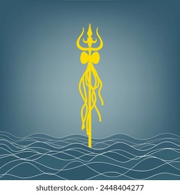 Shiva against the backdrop of the ocean. Greeting card for Maha Shivratri, a Hindu festival dedicated to Lord Shiva. Om or Aum Indian sacred sound. Vector illustration.