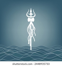 Shiva against the backdrop of the ocean. Greeting card for Maha Shivratri, a Hindu festival dedicated to Lord Shiva. Om or Aum Indian sacred sound. Vector illustration.