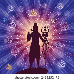 Shiva in brilliant galactic space. Greeting card for Maha Shivratri, a Hindu festival celebrated of Lord Shiva. Om or Aum Indian sacred sound. Vector illustration.